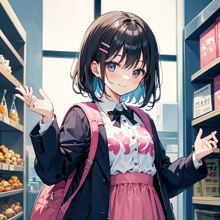 special_Week_(fresh beans), Fudanji, hairpin, Blue jacket, open jacket, Printed dress, pink skirt, window shopping, Small Breasts, High resolution, Upper Body, Smile, White backpack, alone, beast quality