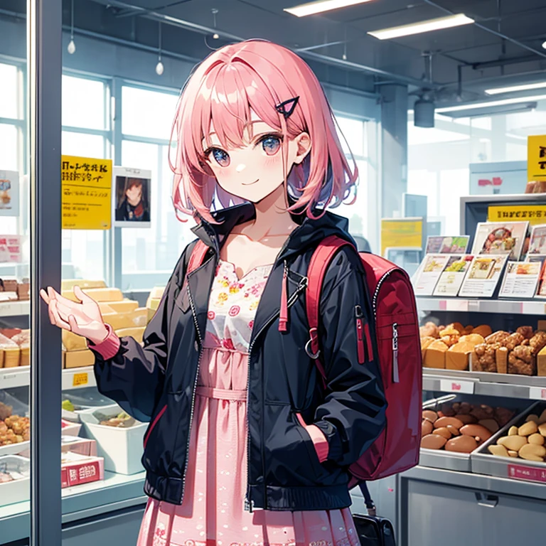 special_Week_(fresh beans), Fudanji, hairpin, Blue jacket, open jacket, Printed dress, pink skirt, window shopping, Small Breasts, High resolution, Upper Body, Smile, White backpack, alone, beast quality
