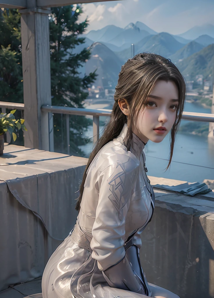 masterpiece,Game Art,Best picture quality,Maximum resolution,8k,(Upper Body),Unreal Engine 5 rendering works,(Digital Photography),(The girl looks at you lovingly,The smile is beautiful),Short hair details,(The eyes are very delicate),(With long gray hair:1.4),(Perfect body),(Bright dress,Black high heels,White cotton socks),(background:mountain peak),light,night,Ray Tracing,RAW photos,((3D Unreal Engine)),OC rendering reflection mode