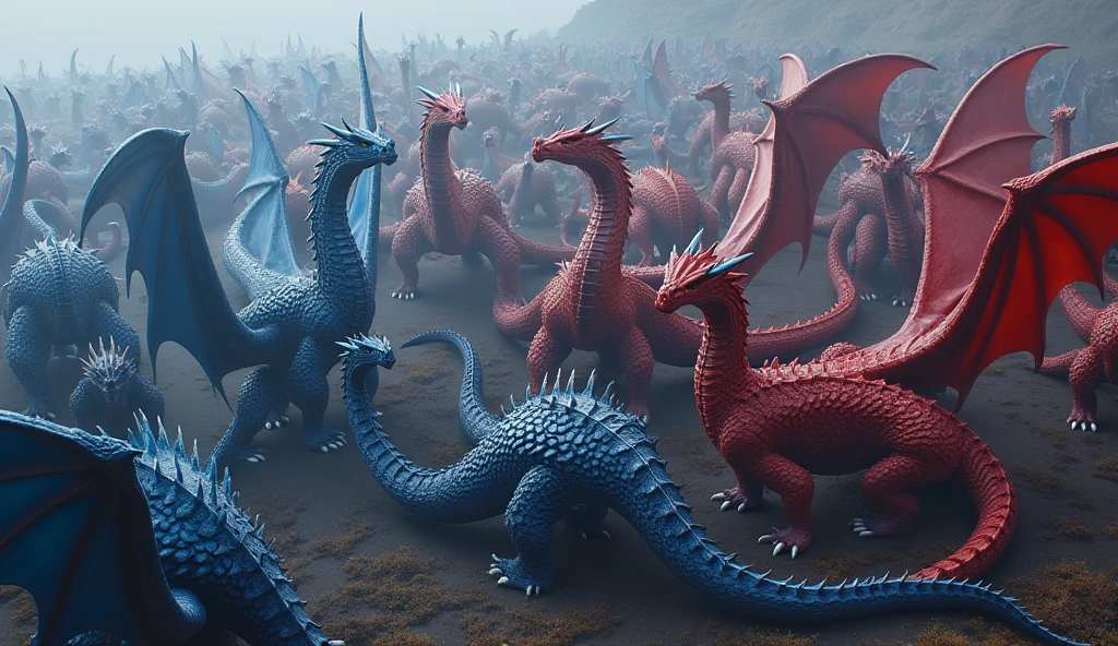 100 Dragons, blue, red, black, huge wings