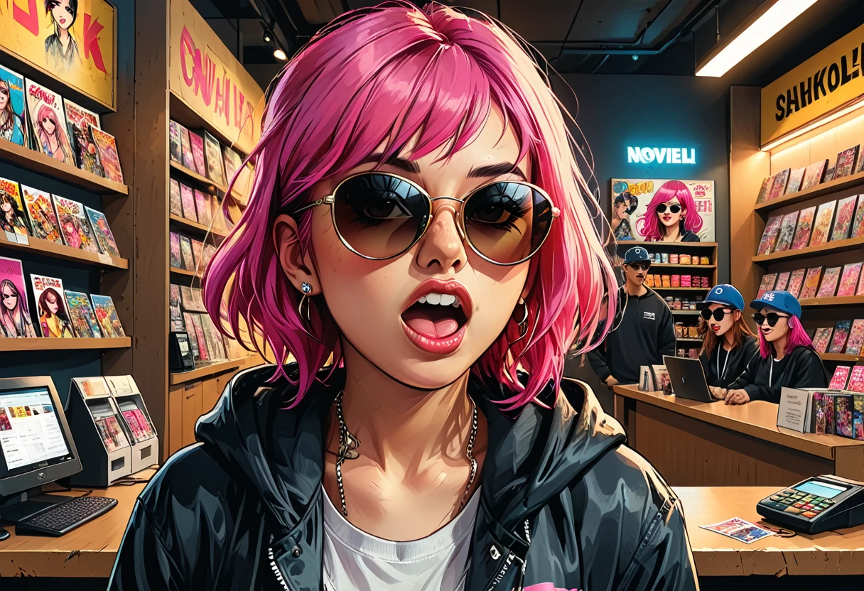 inside, ((open mouth)),
Portrait of a girl with pink hair, piercings and sunglasses of Asian appearance against the background of a clothing store, (goods payment counter), hoodie, T-shirt, cap,graphic style of novel comics, 2d, 8k, hyperrealism, masterpiece, high resolution, best quality, ultra-detailed, super realistic, Hyperrealistic art, high-quality, ultra high res, highest detailed, lot of details, Extremely high-resolution details, incredibly lifelike, colourful, soft cinematic light,