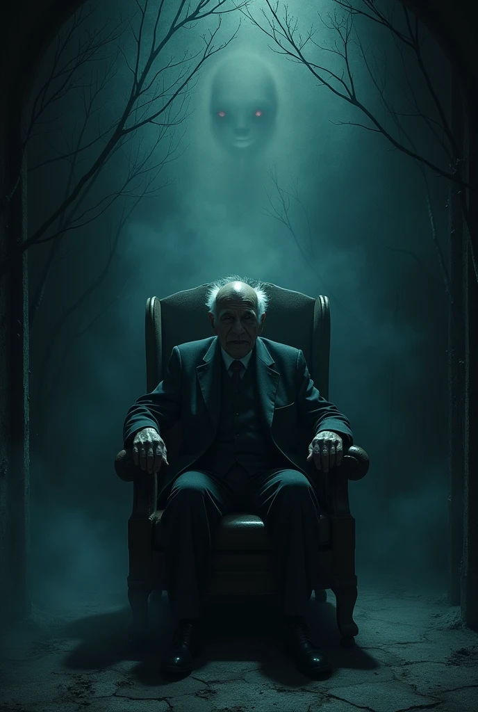 (night), JAPAN, ghost, psychic photo, old man in a chair, complex horror background, intricate detail, art, close-up, painting, detail, cartoon, movie shot, fantasy, low saturation, vignette, [HDR], dark, dark, creepy, monotone, scary, dark, dark, swarming evil spirits,