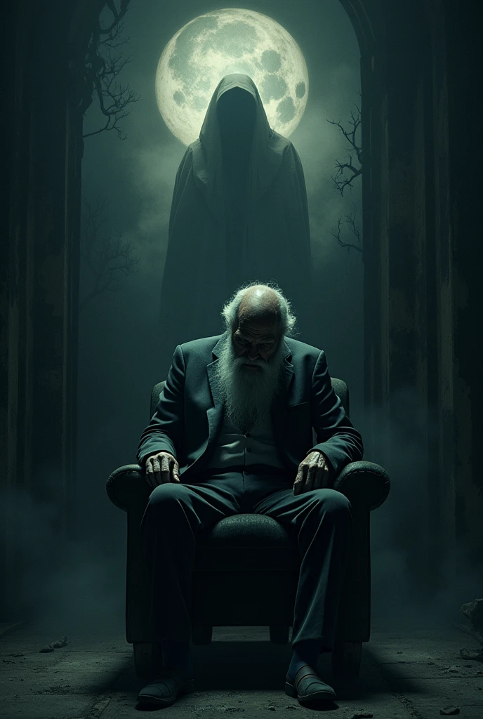 (night), JAPAN, ghost, psychic photo, old man in a chair, complex horror background, intricate detail, art, close-up, painting, detail, cartoon, movie shot, fantasy, low saturation, vignette, [HDR], dark, dark, creepy, monotone, scary, dark, dark, swarming evil spirits,