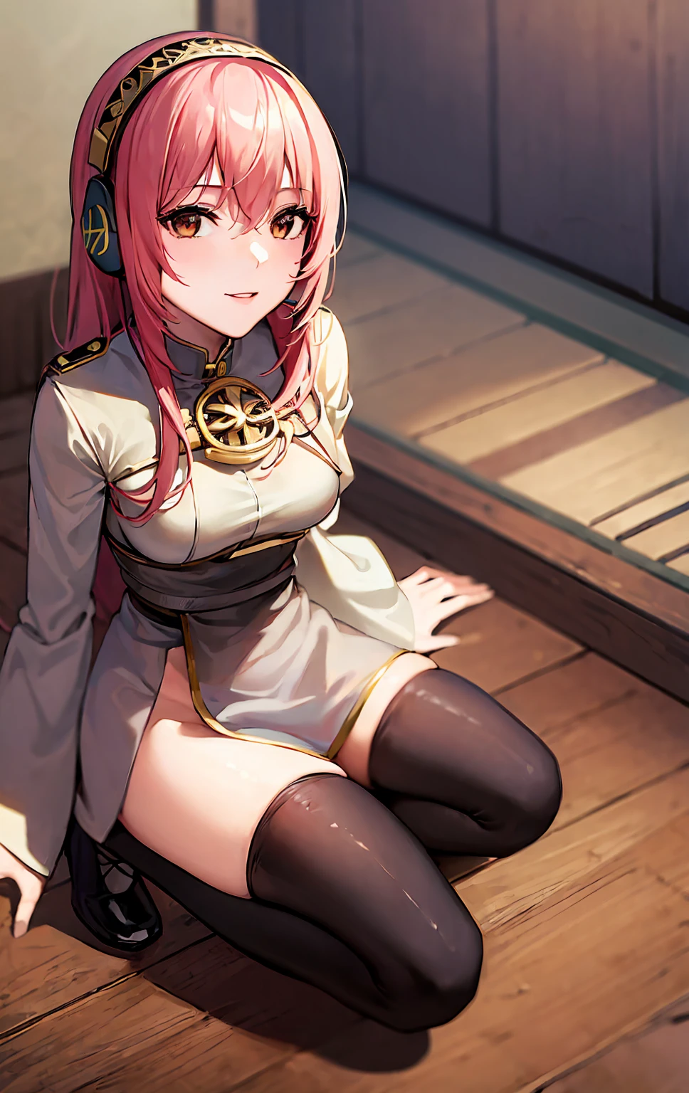 (masterpiece, best quality:1.2), solo, 1girl, megurine luka, smile, looking at viewer, headphones, lukadef, pelvic curtain, black thighhighs