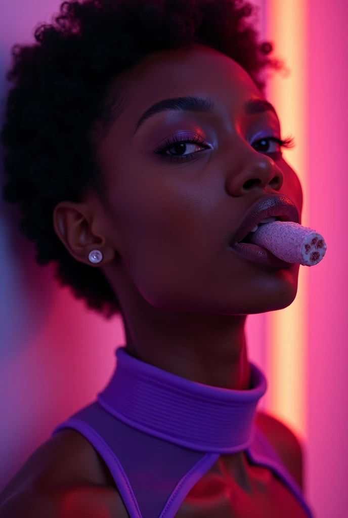 african woman, young, naked, short curly hair, septum piercing, dimples, thick collar around neck, naughty expression, purple latex bodysuit, neon lights, giving blowjob, sucking dick, cum in mouth, cum leaking out of mouth, close-up, UHD, retina, masterpiece, accurate, anatomically correct, textured skin, super detail, high details, high quality, award winning, best quality, highres
