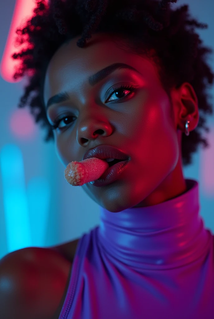 african woman, young, naked, short curly hair, septum piercing, dimples, thick collar around neck, naughty expression, purple latex bodysuit, neon lights, giving blowjob, sucking dick, cum in mouth, cum leaking out of mouth, close-up, UHD, retina, masterpiece, accurate, anatomically correct, textured skin, super detail, high details, high quality, award winning, best quality, highres