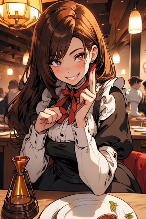 Perfect face. Perfect hands. A brown haired woman with copper eyes and an hourglass figure in a Lolita dress is settting tables in a maid cafe with a big smile