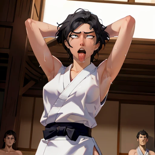 ((((masterpiece, best quality, high resolution)))), Extremely detailed 8K, 1 female, wearing a white Karate gi, (ahegao),white eyes, Small breasts, sash, japanese clothes, No underwear,No eyeballs, Facing the audience, looking at the audience, tired, from below, (Exposed armpit:1.1), ((armpit:1.2)), sexy, Sweating, More and more sweat,(ahegao), (Roll your eyes), open mouth, Sticking out tongue, saliva, Slobber,Skinny, raise arms, (arms above head:1.5)(Ultra HD, Ultra-detailed, Highly detailed, Highly realistic, Ultra-realistic, photograph realistic), (1girl:1.5), (Realistic black hair), (dynamic poses), facing at camera, looking at viewer, (slightly serious face), (perky breasts:1.2), (beautiful detailed face, beautiful detailed eyes), ((worn out karate gi)), (preparing for a fight), sweat, glow, (sunbeam, sunlight), ((cowboy shot)), inside a training gym, seductive, EnvyBetterHands LoCon,