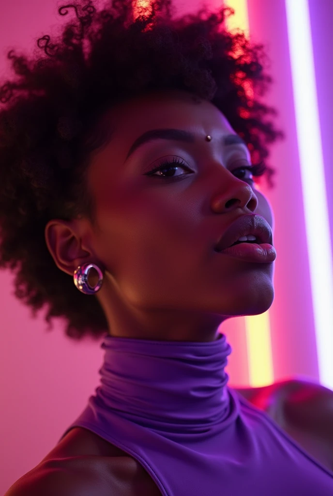 african woman, young, naked, short curly hair, septum piercing, dimples, thick collar around neck, naughty expression, purple latex bodysuit, neon lights, giving blowjob, sucking dick, cum in mouth, cum leaking out of mouth, close-up, UHD, retina, masterpiece, accurate, anatomically correct, textured skin, super detail, high details, high quality, award winning, best quality, highres
