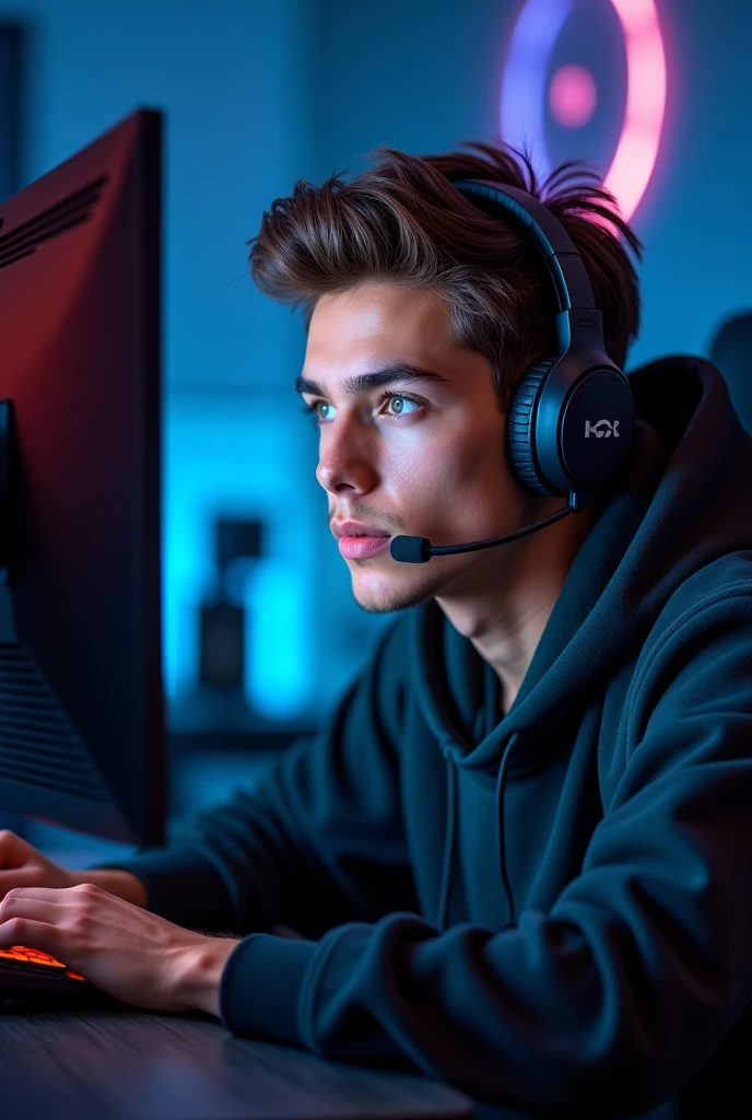 A young man wearing gaming set up clean shaved playing games pn computer, 
