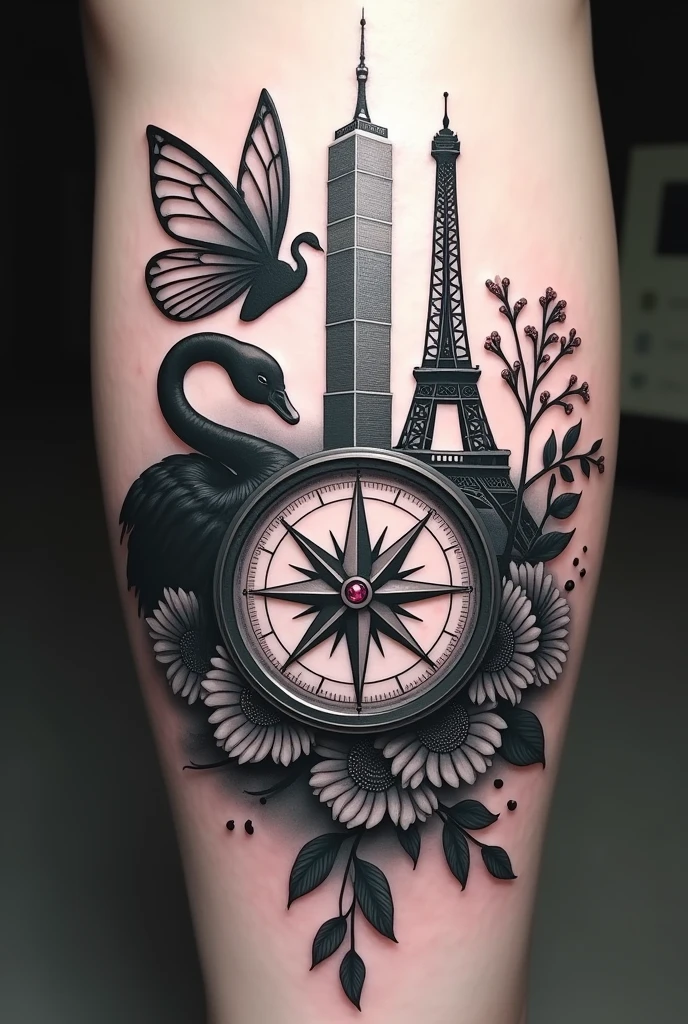 Realistic tattoo in black and white compass with Taipei 101 tower, an Eiffel Tower in Paris, a black Swan in the background and a ruby and a transparent butterfly without color in the background