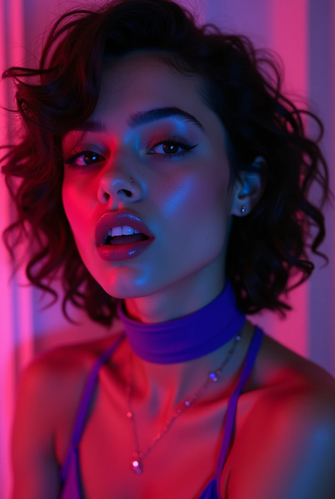 latina woman, young, naked, short curly hair, septum piercing, dimples, thick collar around neck, naughty expression, purple latex bodysuit, neon lights, giving blowjob, sucking dick, cum in mouth, cum leaking out of mouth, close-up, UHD, retina, masterpiece, accurate, anatomically correct, textured skin, super detail, high details, high quality, award winning, best quality, highres