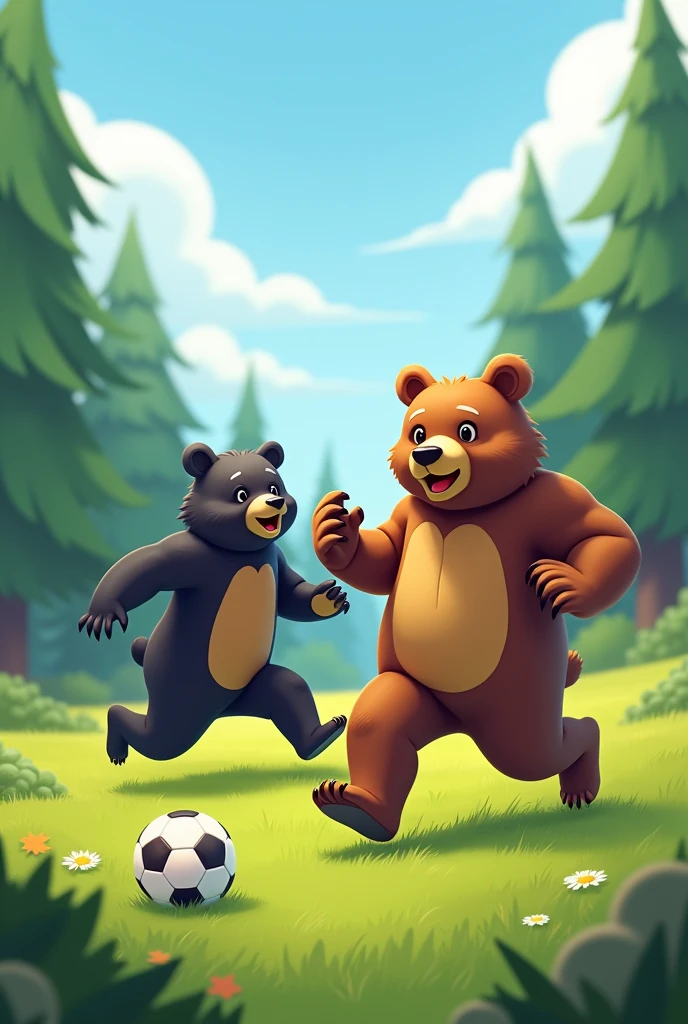 A bear playing soccer, He carries a ball at his foot and another black bear sweeps it