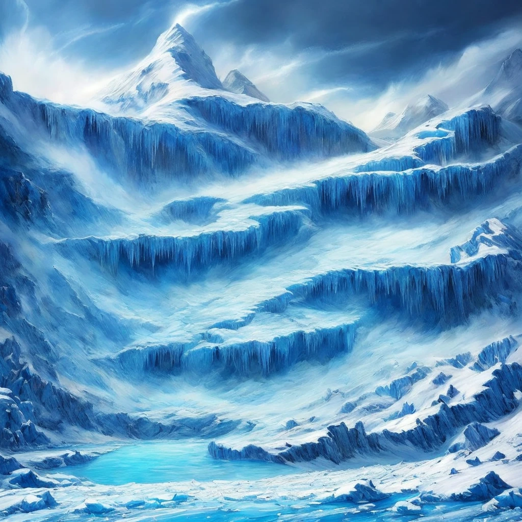 (masterpiece, Highest quality, Realistic, beautifully、aesthetic:1.3), ice, unmanned, 凍ったriver, ice mountain, river, From below、Snowstorm