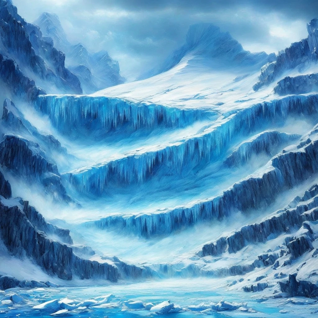 (masterpiece, Highest quality, Realistic, beautifully、aesthetic:1.3), ice, unmanned, 凍ったriver, ice mountain, river, From below、Snowstorm