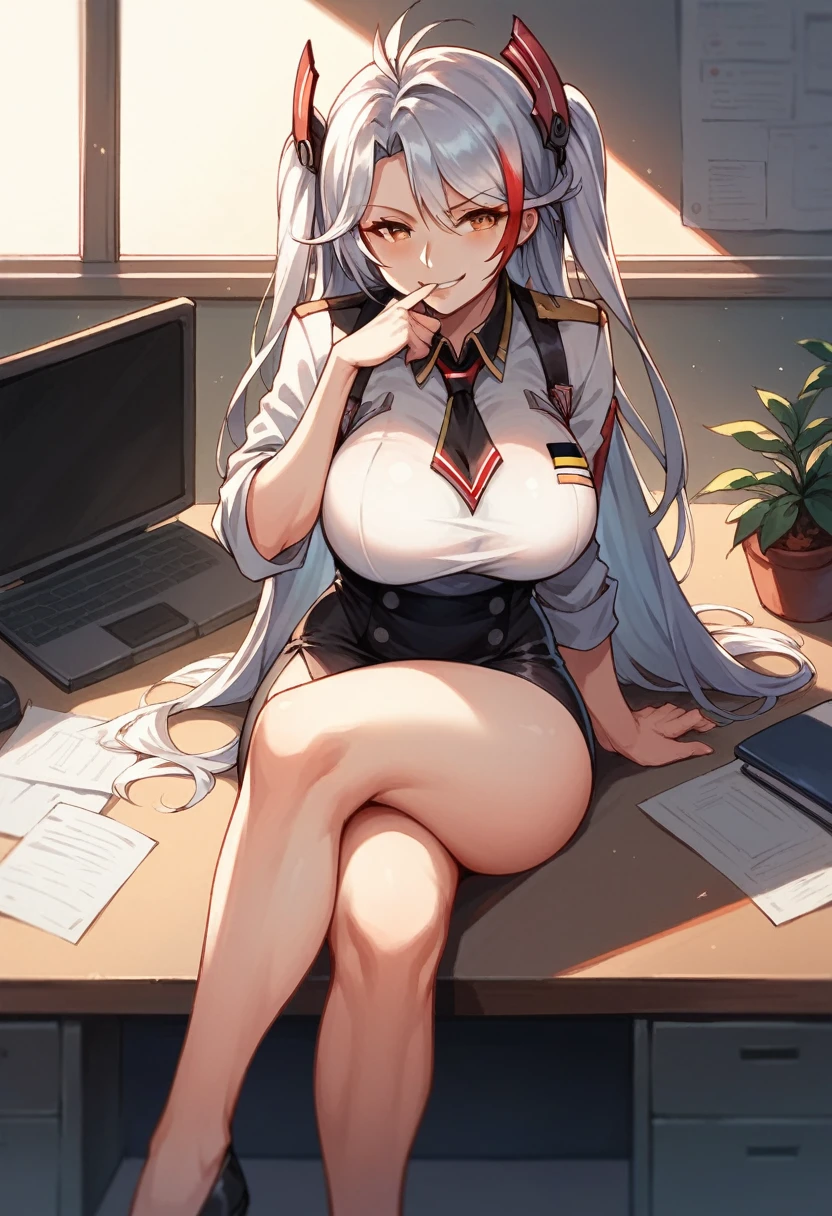 1 girl, Prinz Eugen, Azur Lane, large breasts, sitting on a office desk, legs crossed, finger in mouth, smirk
