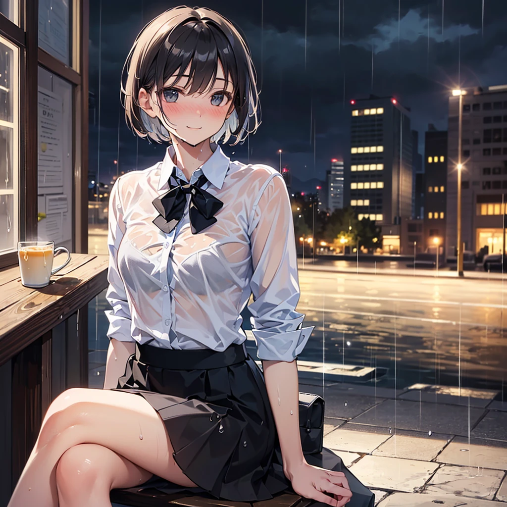 (8k, best quality, masterpiece: 1.2), (actual, Realistic: 1.37), Super detailed, 1 girl, Cute, alone, beautiful detailed sky, Detail of cafe, night, sitting, date, ( Nose blush), (Smile: 1.15), (shut up) Small Breasts, Beautiful details, (Collared shirt: 1.1), night, wet, Professional attire, rain, White lace, (short hair: 1.2), Flowing HairNovaFrogStyle,