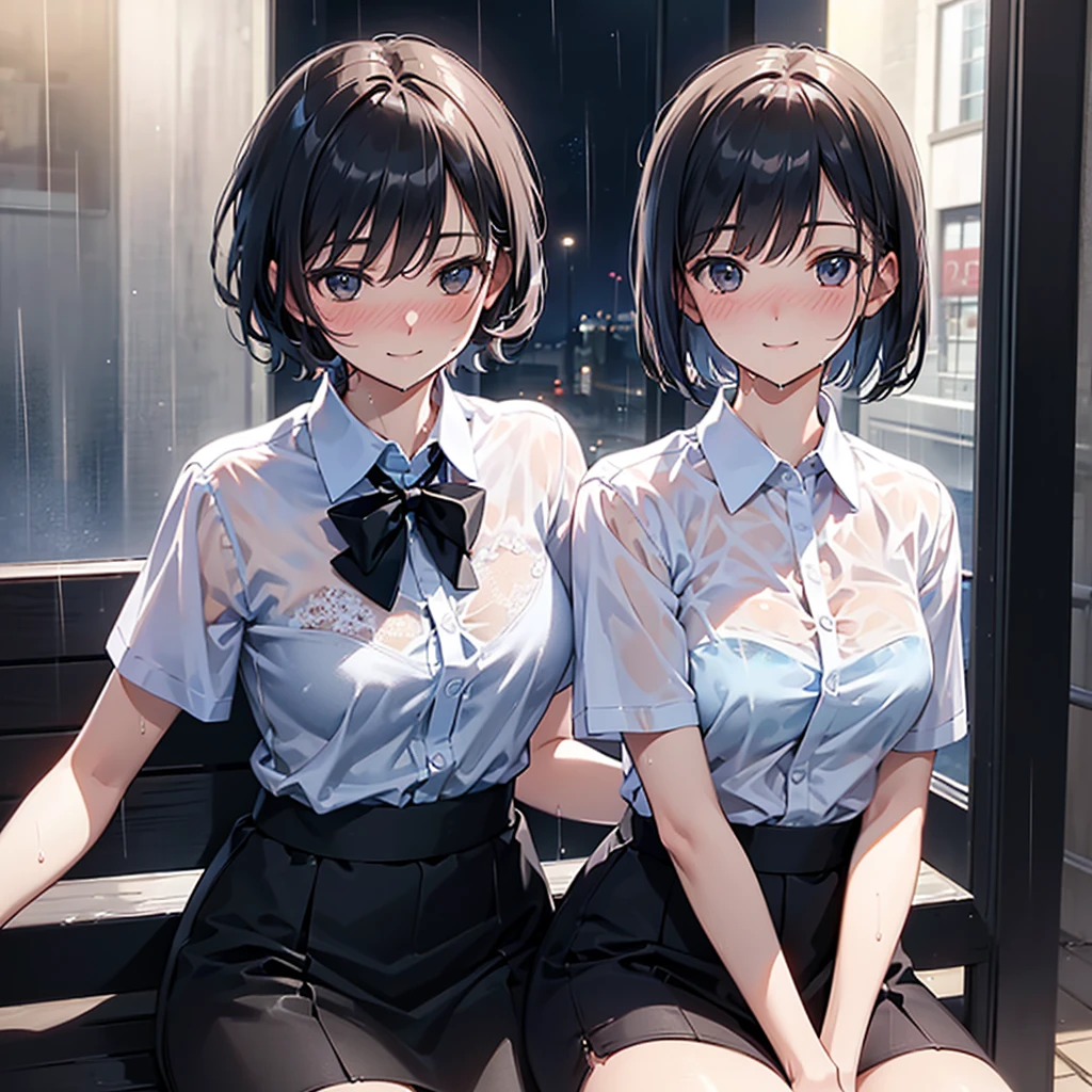 (8k, best quality, masterpiece: 1.2), (actual, Realistic: 1.37), Super detailed, 1 girl, Cute, alone, beautiful detailed sky, Detail of cafe, night, sitting, date, ( Nose blush), (Smile: 1.15), (shut up) Small Breasts, Beautiful details, (Collared shirt: 1.1), night, wet, Professional attire, rain, White lace, (short hair: 1.2), Flowing HairNovaFrogStyle,