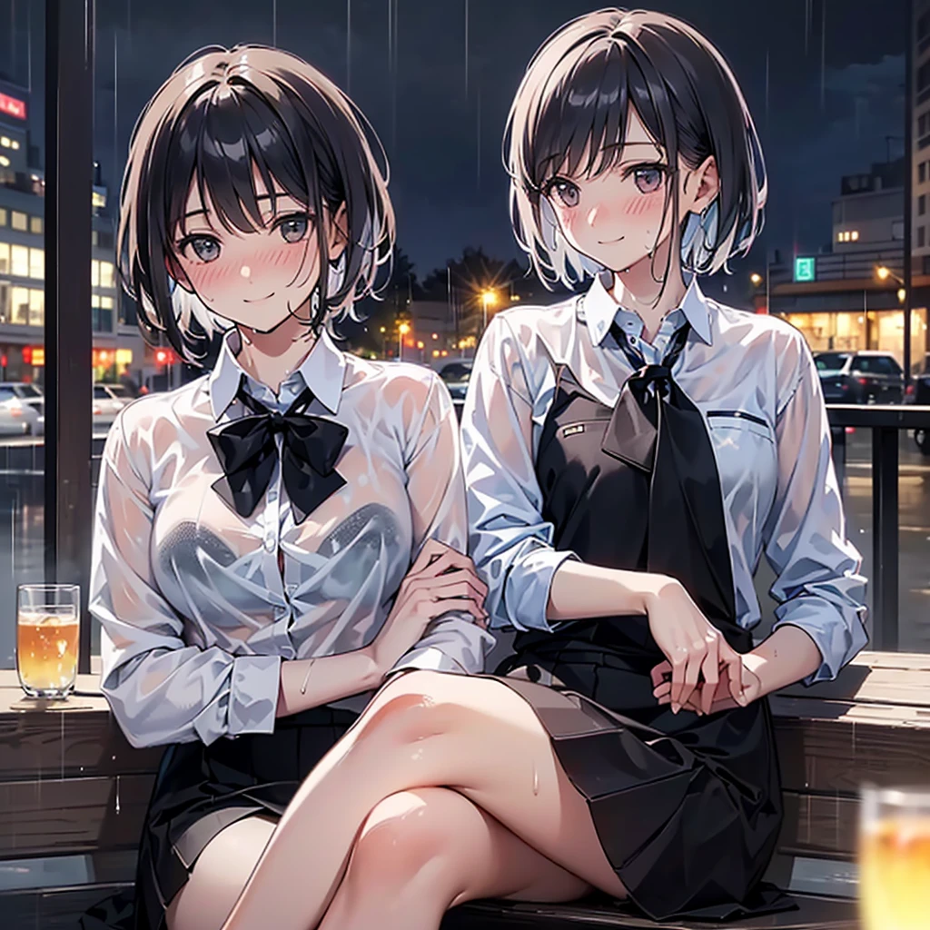 (8k, best quality, masterpiece: 1.2), (actual, Realistic: 1.37), Super detailed, 1 girl, Cute, alone, beautiful detailed sky, Detail of cafe, night, sitting, date, ( Nose blush), (Smile: 1.15), (shut up) Small Breasts, Beautiful details, (Collared shirt: 1.1), night, wet, Professional attire, rain, White lace, (short hair: 1.2), Flowing HairNovaFrogStyle,