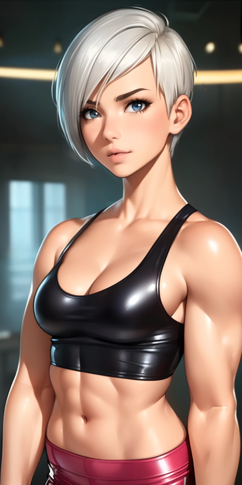 (best quality, ultra-detailed, photorealistic: 1.39), bright and vibrant colors, studio lighting, romantic expression, Beautiful terry tank top, white latex shorts, light fabric, undercut platinum bobcut black hair, small breasts, fit, muscular, short hair, mercenary, front pose, cleavage