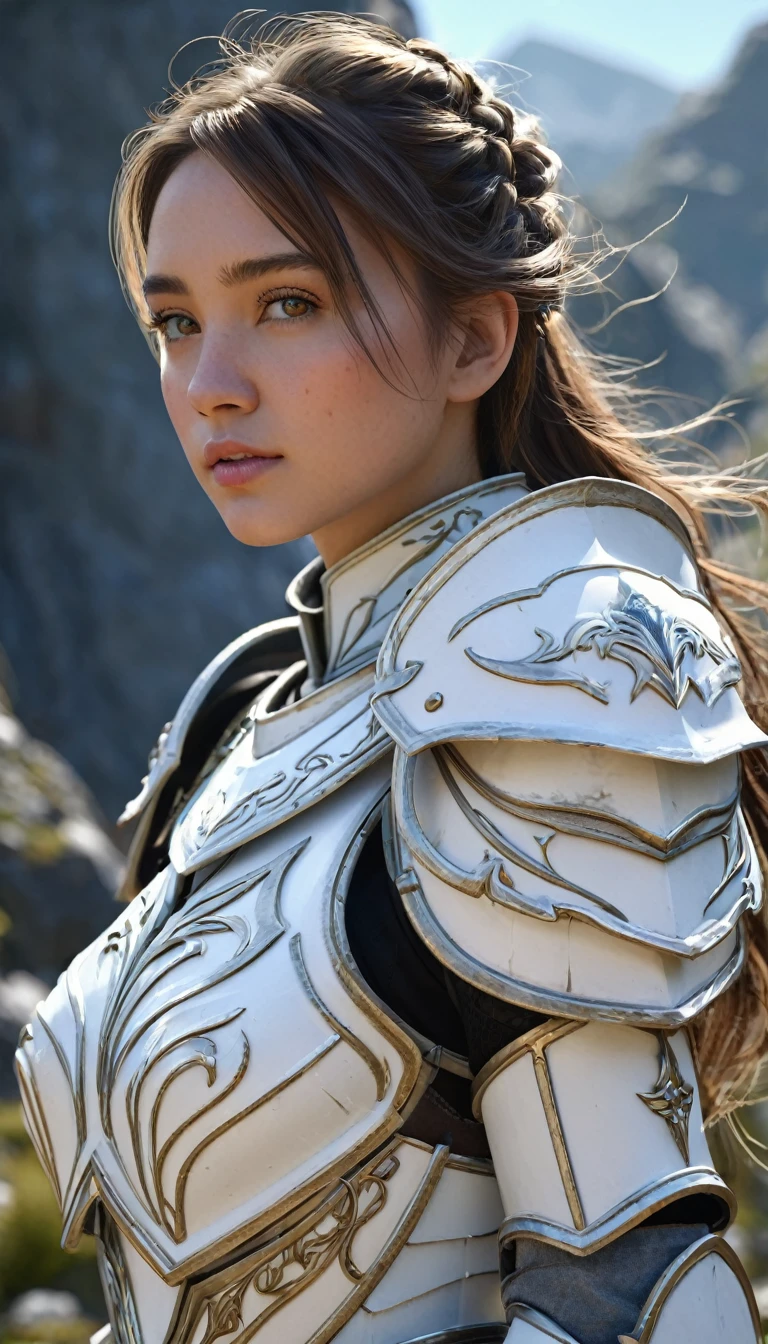 mountain, hxarmour,1girl,(white armour:1.3),, ultra-detailed,extremely delicate and beautiful,(by exquisite colors block),masterpiece,best quality,unreal engine 5 rendering,movie light,movie lens,movie special effects,detailed details,HDR,UHD,8K,CG wallpaper,