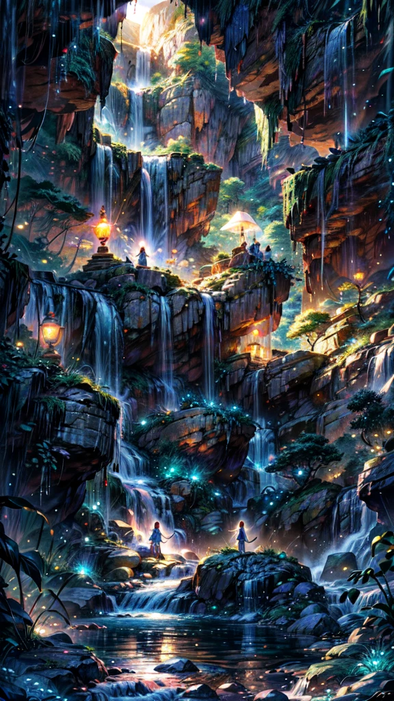 "A young girl, mesmerized by the stunning beauty of the Cave of Wonders, stands in the soft glow of the cave's interior, her delicate features illuminated by the radiance of huge gemstones. The enchanting waterfalls cascade gracefully in the background, creating a scene of pure, mystical wonder.