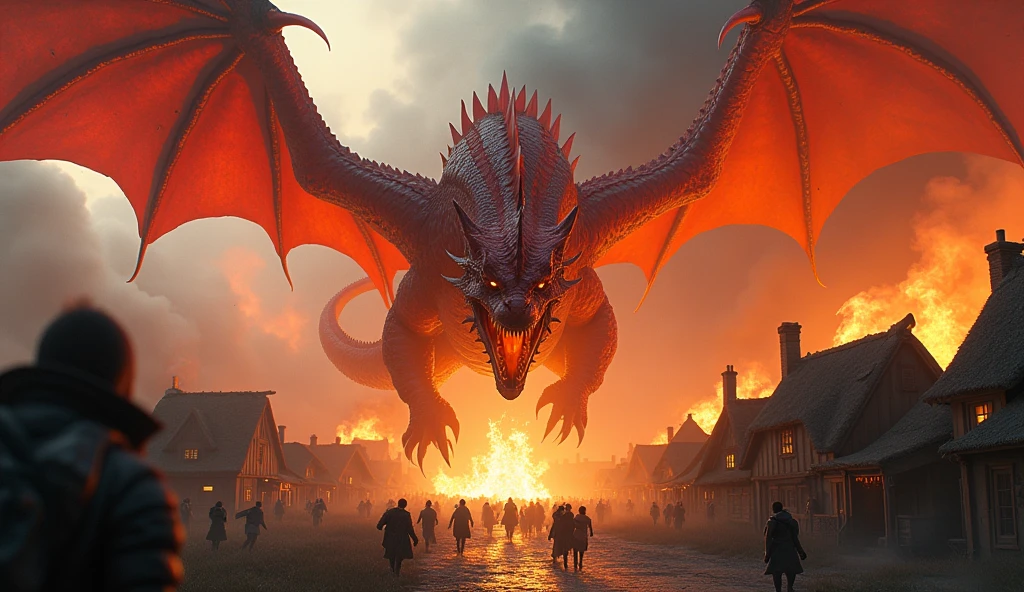 Create a dragon with two heads, red body, huge wings, breathing fire,attacking a village, photo quality, very high resolution, total realism, 8k, cinema level