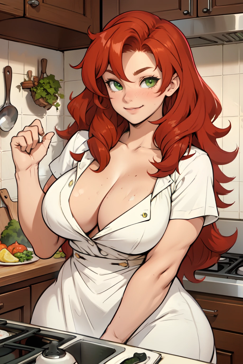 girl redhead green eyes wavy hair curly hair voluminous hair joyful kitchen large breasts thick 