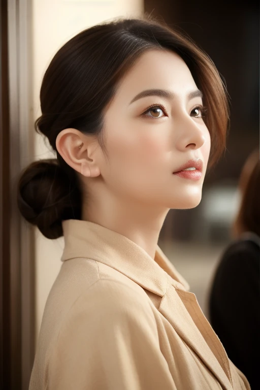(masterpiece), (8K, realistic, RAW photo, best quality: 1.4), (1 woman),Korean skin Model (Loane Normand:1.4), age 45, feminine,(a cute and beautiful face), (incredibly beautiful body), top-quality, masterpiece, high resolution, Photorealistic, highly detailed, true to life, detailed eyes, detailed beautiful nude skin ears, (no earrings), life-like detailed beautiful brown eyes, beautiful detailed ((styled updo loose hair bun and wavy long black brown layered hair)), (((hair tucked behind ears))), extremely detailed skin, wrinkles, slight skin blemish, sultry moist pink lips, (exceptional delicate perfect ears), hyper realistic dark brown eyes, sincere, confident, mesmerizing eyes facing down,(double eyelid), (realistic face), ((fresh dewy skin texture), (moist lips)), professional natural makeup, translucent white skin, realistic eyes, round iris, black pupils, glass sparkly eyes, beautiful ear skin texture, (realistic skin), beautiful skin, attractive, cute face, ultra high resolution, extremely realistic, very detailed, golden ratio, full view whole body photograph,wearing fashionable ((neutral colors coordinate amber peach light brown colors luxury outfit)), an exterior long frill over sized trench coat, a pleated plaid mid-length skirt, a embroidered white cotton blouse underneath trench coat, nude tights, long boots, couture fashion, by Alesubtle, background a cozy french cottage muted pastel colors on the walls and a large french antique double door that lets in natural diffused sunlight, Raw photography, flawless, professional lighting, woman's expression is calm thoughtful as she gazes slightly to the right side, overall mood is serene crisp morning nostalgic, shallow depth of field, high detail, elegant, pose: standing relax effortless ((Stand at angle turn towards right side, soft gaze, serene face eyes)), Realistic,sharp focus,(intricate:1.03),Hyper Real, sharp focus side body, (bare nude ears), award winning photography,same model in 2 scenes