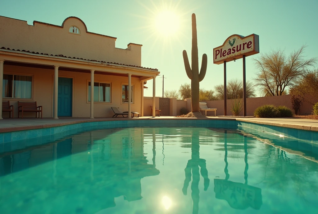 8k, raw documentary cinematic, dramatic Analog raw pro, A split-level, close up portrait shot, captures a pool in the shape of a sofa. Half-submerged lens reveals the pool tiles deformed by water are visible. Sand floating in the air. The dilapidated Mexican motel pool, surrounded by cacti, exudes eerie charm. A weathered sign pleads "Pleasure!" Golden hour light bathes the scene, highlighting hyper-realistic details: dust motel