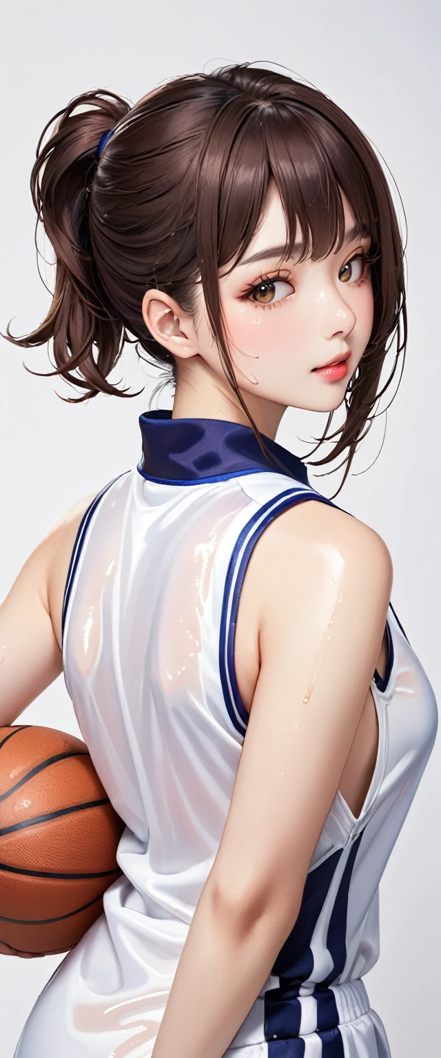 (masterpiece,Highest quality,Ultra-high resolution),Japanese women, (((Very beautiful 25 year old girl))), pretty girl、Look at the photographer､  ((Beautiful low ponytail)), Very cute face, Glossy Lips, Double eyelids on both eyes,Natural smile、 Natural Makeup, Long eyelashes, Shiny and smooth hair､Center image,  Perfect limbs, Perfect ???????,(((Basketball Sleeveless Uniform)))、,(Wet with sweat),,Looking Back