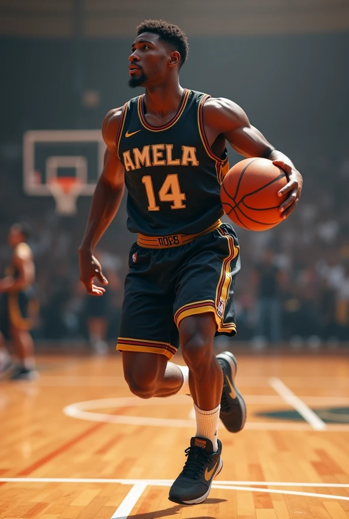 Handsome Black boy basketball player with number letter A and number 14