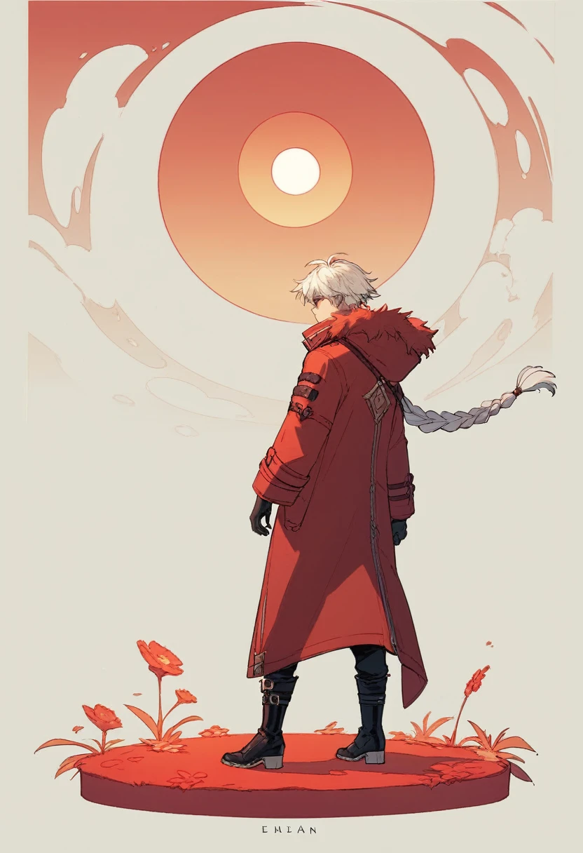  ((Concept ART )),human Male  ,Clear Skin , round Red Sun Glasses , white hair Style ,long braided ,zip Red Coat  , Black Gloves  , Black boots , Full body 