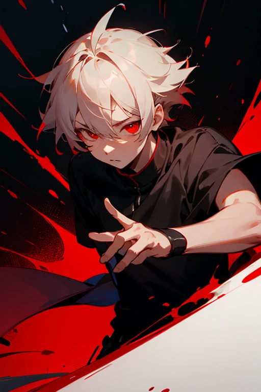 a boy with red eyes with a black and red background