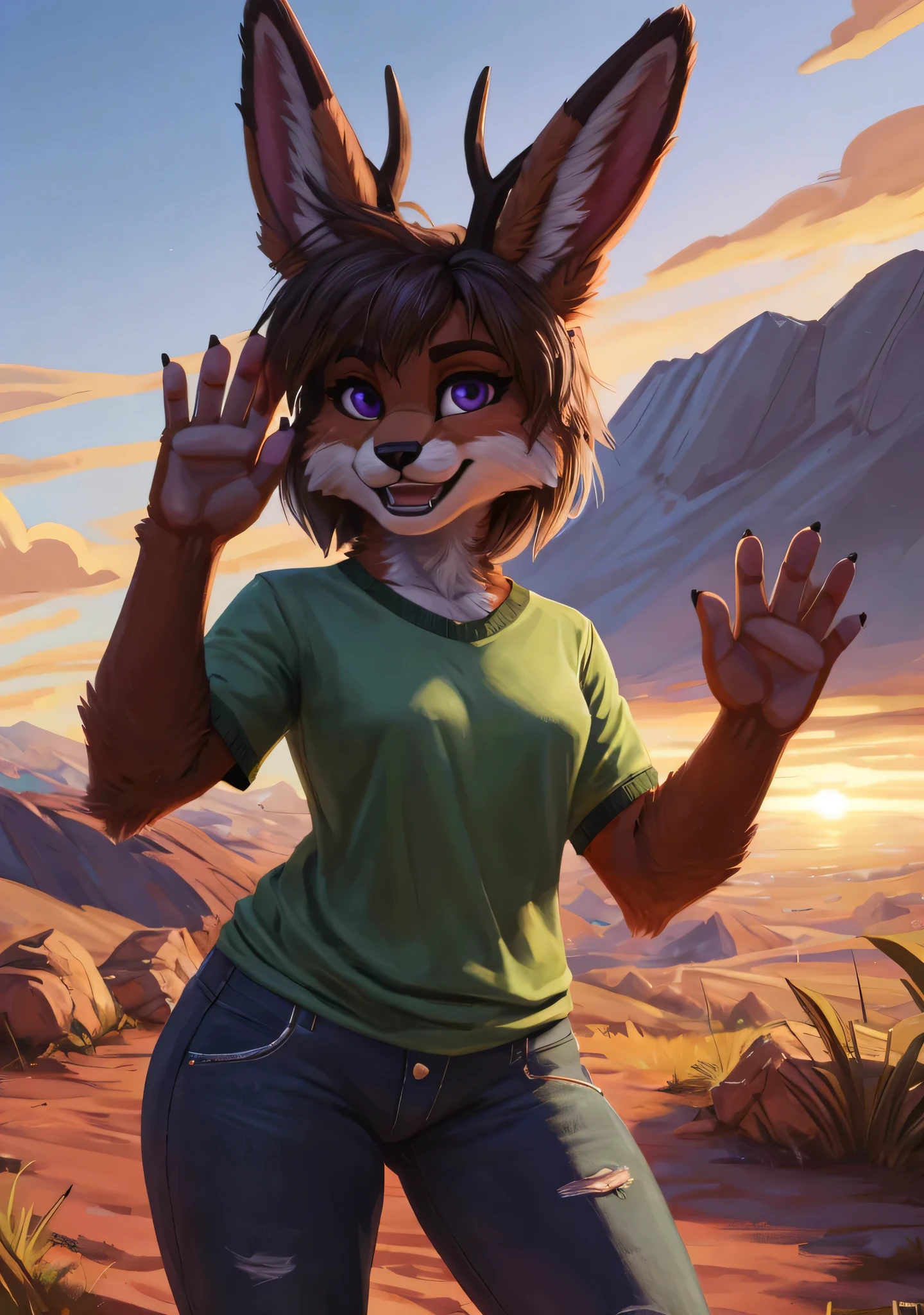 [Uploaded to e621.net; (Foxovh), (Pixelsketcher), (mayosplash)], ((masterpiece)), ((HD)), ((High res)), ((solo portrait)), ((waist-up)), ((front view)), ((detailed fur)), ((detailed shading)), ((beautiful render art)), {(female anthro jackolope), (brown fur), (large  ears), (large antlers), (purple eyes), (blushing), (cute excited smile)}, (green tee shirt), (dark green straight fit jeans)}, {(Standing), (waving at viewer), (cute pose)}, [ambient lighting, mountain, sun rays]