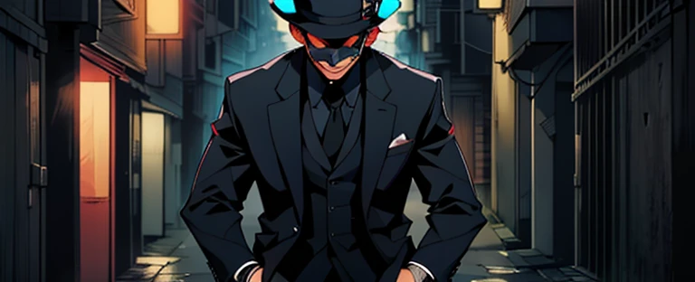 Create a masked character "this mask has a big smile" that covers his face, a black hat and a black suit. he has his hands in his pocket, while walking down a dark street lit by bar lights