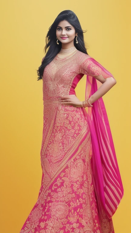 (Highly detailed), (illustration), (Intricate), (Beautiful face), (Attractive body), (Full body picture), Modern Indian goddess, Dynamic pose, flying petal, Colorful, Eye-catching, Heavenly.
