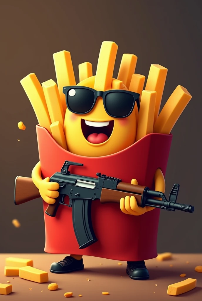 POTATO FRIES CHARACTER, INSIDE POTATO FRIES BAG, SMILING, WITH AK 47, WITH BLACK GLASSES, EXCITED