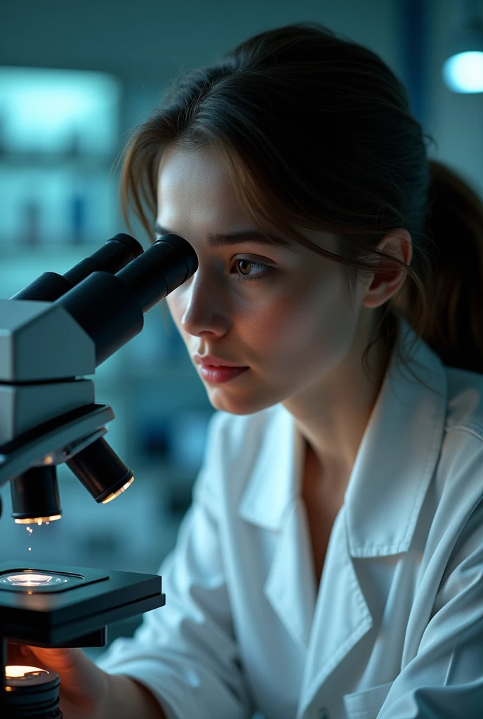 a woman being observed under a microscope