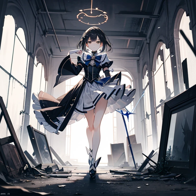 portrait, long hair, 白色的head髮, Golden Eyes, 1 girl, head, Face, Magical girl, Ridiculous, masterpiece, best quality, Magical girl costume, ((mahou shoujo)), short hair, desolate, ruins, dynamic poses, Revelation, Spellcasting, Style-Glass, full-body shot
