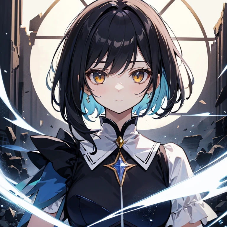 portrait, long hair, 白色的head髮, Golden Eyes,  1 girl, head, Face, Magical girl, Ridiculous, masterpiece, best quality, Magical girl costume, ((mahou shoujo)), short hair, desolate, ruins, dynamic poses, Revelation, Spellcasting, Style-Glass, full-body shot