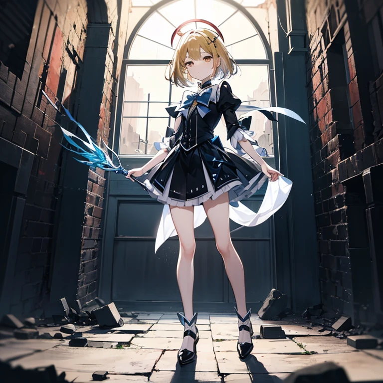 portrait, long hair, 白色的head髮, Golden Eyes, 1 girl, head, Face, Magical girl, Ridiculous, masterpiece, best quality, Magical girl costume, ((mahou shoujo)), short hair, desolate, ruins, dynamic poses, Revelation, Spellcasting, Style-Glass, full-body shot