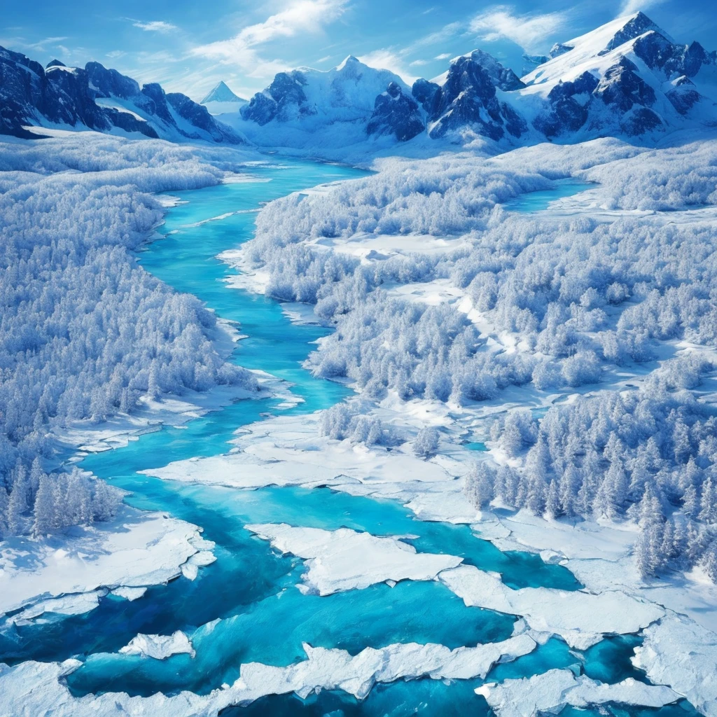 (masterpiece, Highest quality, Realistic, beautifully、aesthetic:1.3), ice, unmanned, 凍ったriver, ice mountain, river, From above、Snowstorm