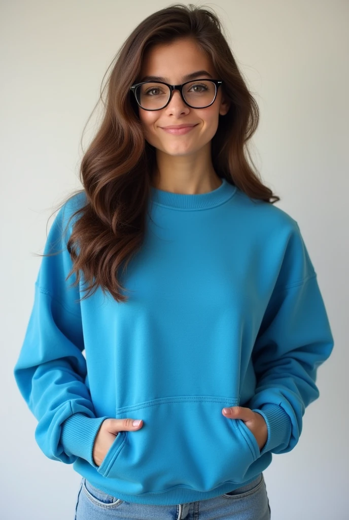 Make a picture of a brunette girl with glasses and who has a big ass and big tits who is wearing a BLUE school sweatshirt
