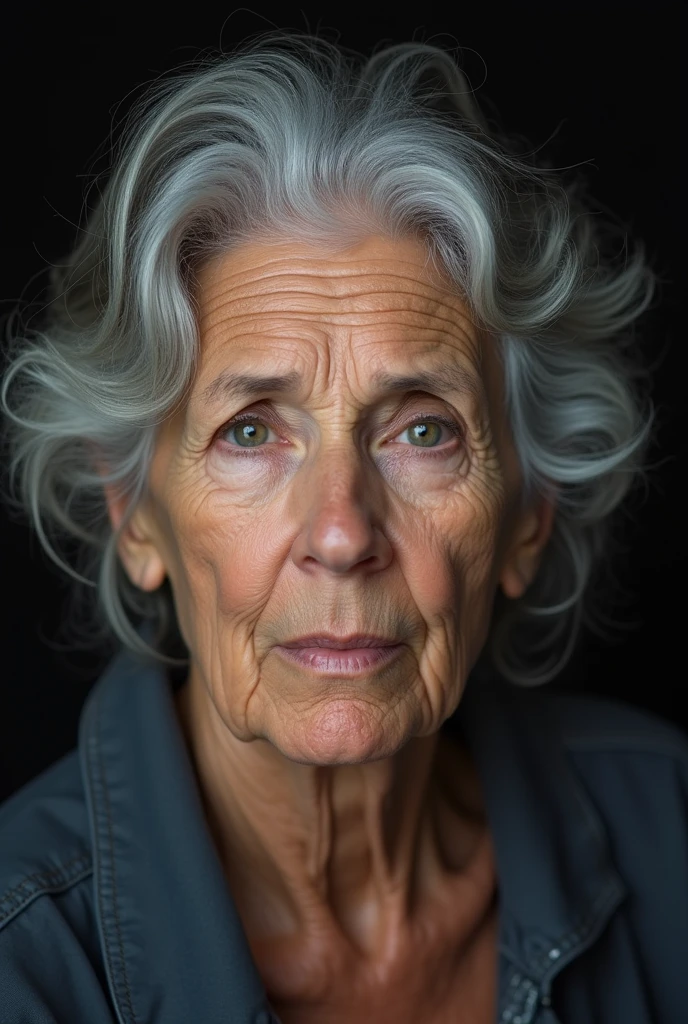 face of a 70 year old woman , Your skin reflects wrinkles, gray hair, dark eyes, tired face