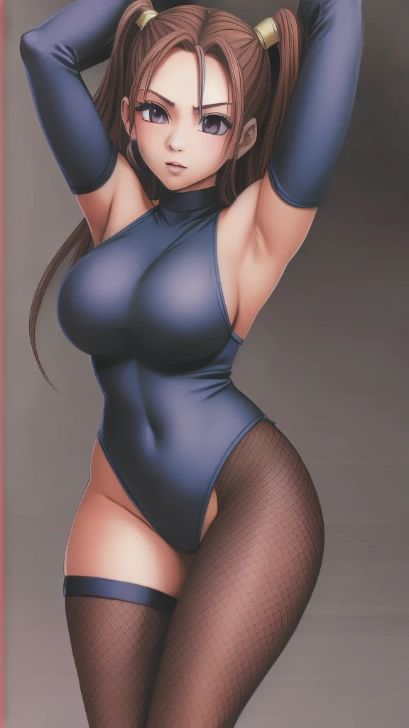 Jessica, with her large breasts, beautiful legs, and twintails, is standing in a black high-cut bunny suit and fishnet stockings.。