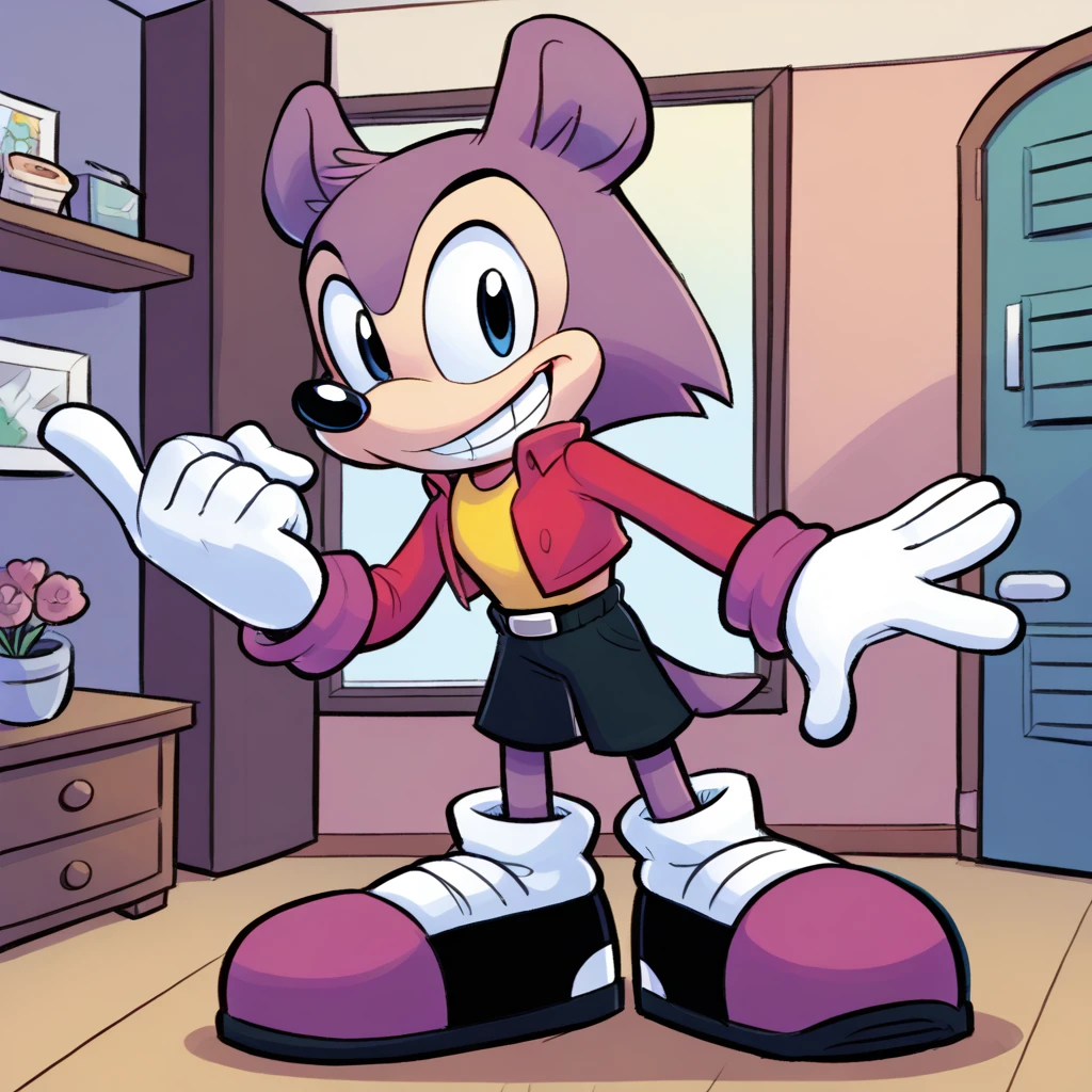 Custom avatar, Victor, wearing black shorts, in Disney animation Studios, smiling bright, he is super exicted,