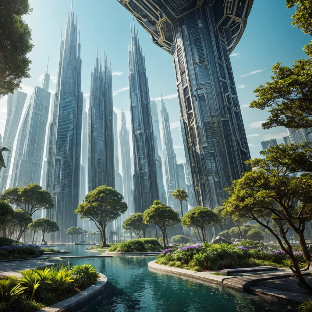 Lush exotic scenery, Pristine metallic avant-garde architecture, Dramatic terrain, Unusual plants, Futuristic and otherworldly environments, Intricate Design, Luminous elements, Sophisticated skyscrapers, Advanced Technology, Photorealistic, 8k, Very detailed