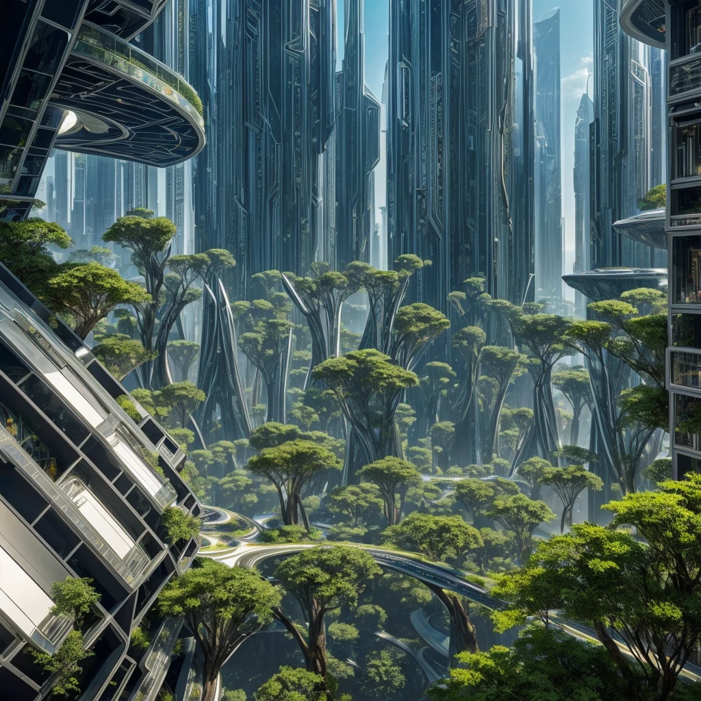 Lush exotic scenery, Pristine metallic avant-garde architecture, Dramatic terrain, Unusual plants, Futuristic and otherworldly environments, Intricate Design, Luminous elements, Sophisticated skyscrapers, Advanced Technology, Photorealistic, 8k, Very detailed