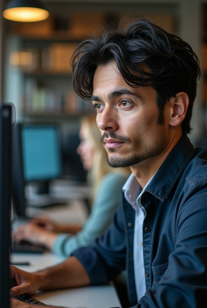 (Male teacher with slightly disheveled black hair, deep, piercing brown eyes, Strong jaw and prominent chin. Erect and confident posture, firm and determined hands, using computer in computer lab at university. A woman with blonde hair and blue eyes, looking at the computer screen or at another desk typing. (programming, programming language))
